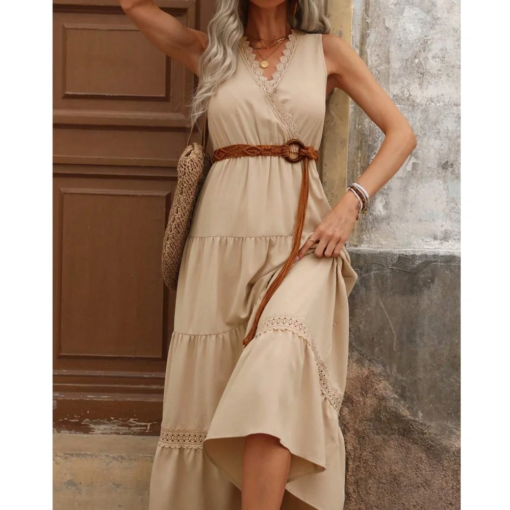 Boho Tan Surplice Sleeveless Ruffle Hem Maxi Dress - Picture 5 of 7